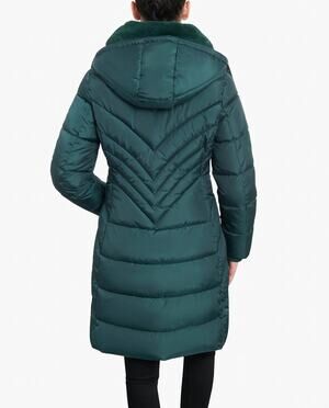 London Fog Women's L Emerald Green Long Puffer Faux Fur Hood Coat NWT
